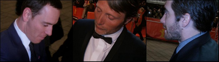 Tři fešáci - Michael Fassbender, Mads Mikkelsen a Jake Gyllenhaal. Michael a Jake se mi i podepsali na Berlinale tašku!